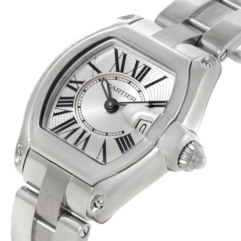 This image shows a close-up, angled view of the dial and bracelet of the Cartier Roadster W62016V3 Women's Stainless Steel Silver Dial W62016V3 Women's Stainless Steel Silver Dial watch.