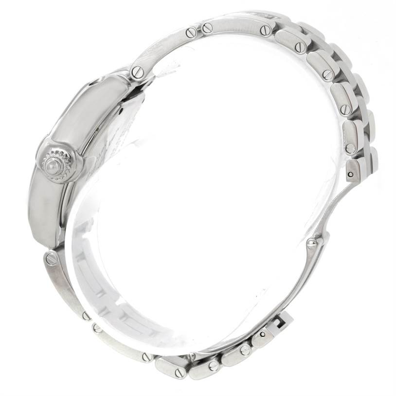 This image shows a side angle of the Cartier Roadster W62016V3 Women's Stainless Steel Silver Dial W62016V3 Women's Stainless Steel Silver Dial watch, highlighting its bracelet, crown, and case.