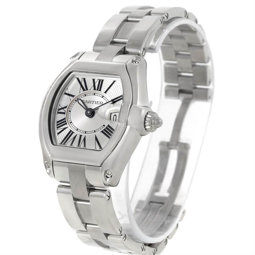 This image displays a Cartier Roadster W62016V3 Women's Stainless Steel Silver Dial W62016V3 Women's Stainless Steel Silver Dial watch at a slight angle, showing the silver bracelet, case, dial, and crown.