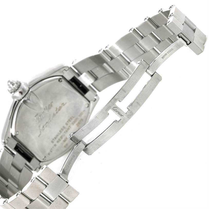 The image shows the clasp and backside of the Cartier Roadster W62016V3 Women's Stainless Steel Silver Dial W62016V3 Women's Stainless Steel Silver Dial watch with its stainless steel bracelet.