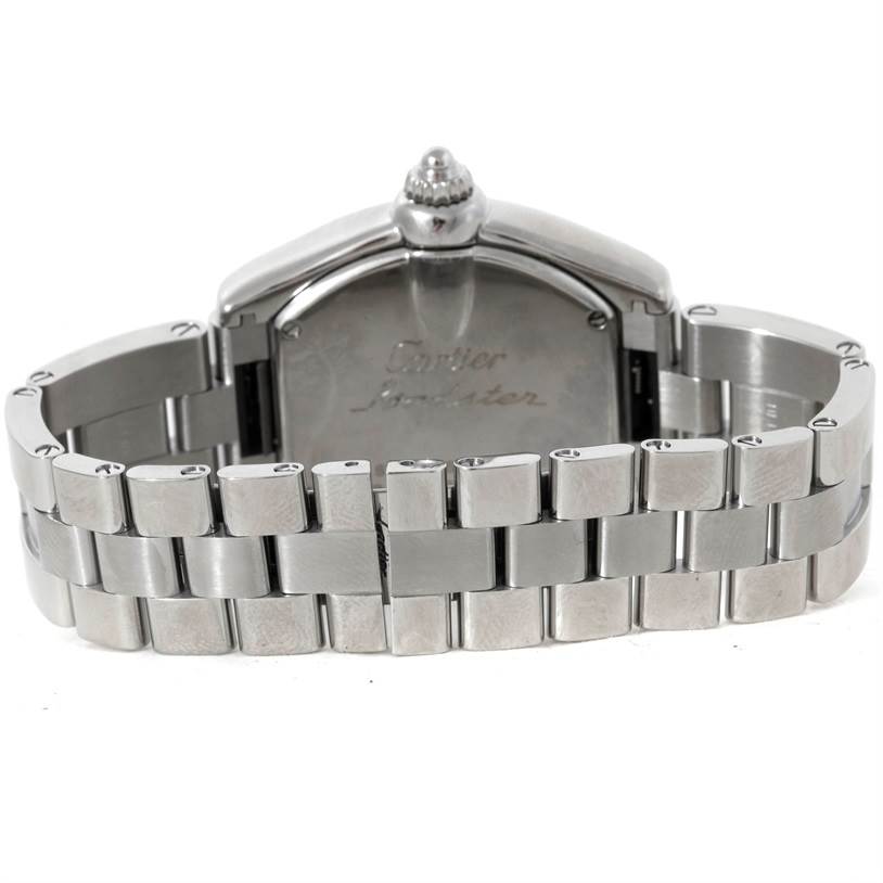 This image shows the back view of the Cartier Roadster W62016V3 Women's Stainless Steel Silver Dial W62016V3 Women's Stainless Steel Silver Dial watch with a focus on its stainless steel bracelet and case back.