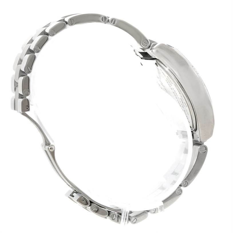 The image shows a side profile of the Cartier Roadster W62016V3 Women's Stainless Steel Silver Dial W62016V3 Women's Stainless Steel Silver Dial watch, highlighting its bracelet links and case.