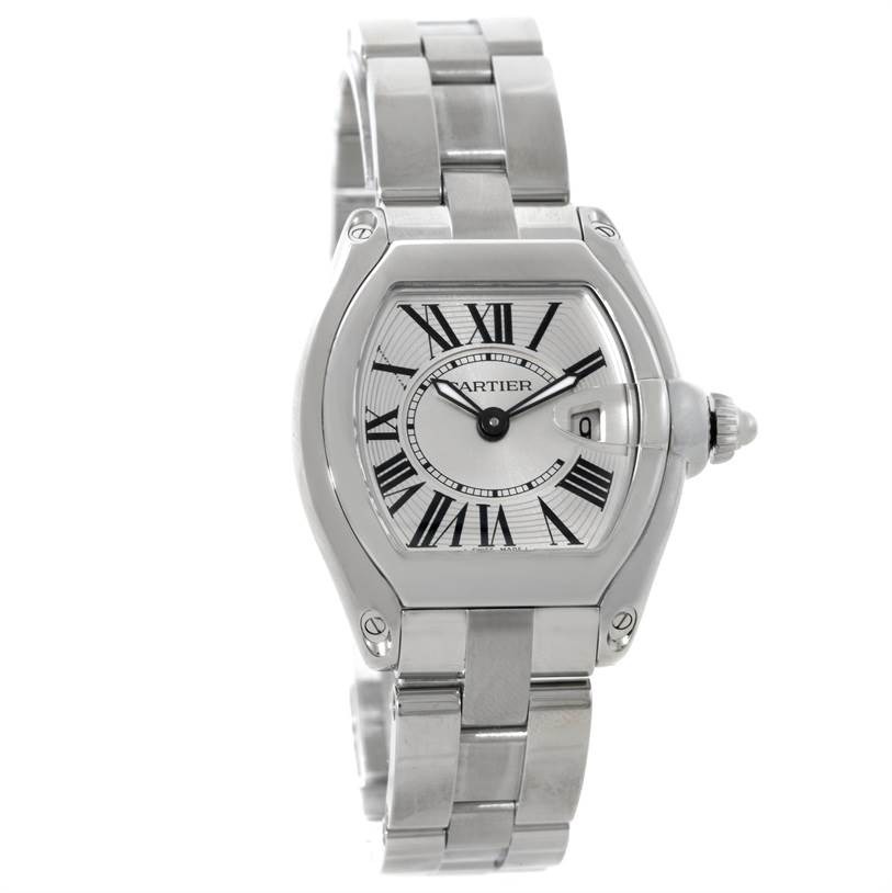 The image shows a frontal view of a Cartier Roadster W62016V3 Women's Stainless Steel Silver Dial W62016V3 Women's Stainless Steel Silver Dial watch featuring its dial, case, and bracelet.