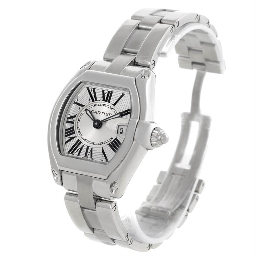 The Cartier Roadster W62016V3 Women's Stainless Steel Silver Dial W62016V3 Women's Stainless Steel Silver Dial watch is shown from a three-quarter angle, highlighting its face, bracelet, and crown.