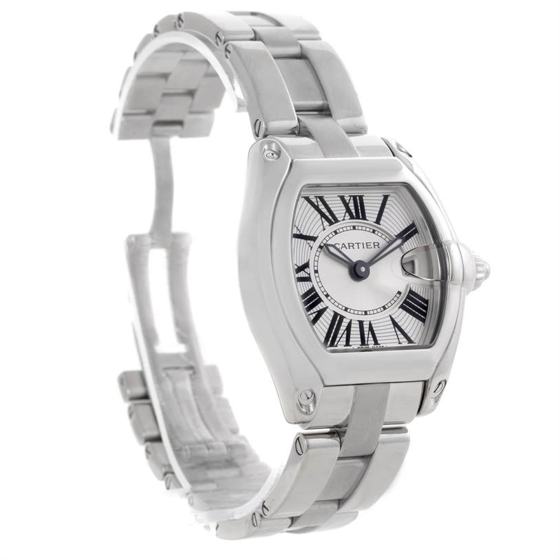 This image shows a Cartier Roadster W62016V3 Women's Stainless Steel Silver Dial W62016V3 Women's Stainless Steel Silver Dial watch from a front-side angle, highlighting the dial, case, and bracelet.