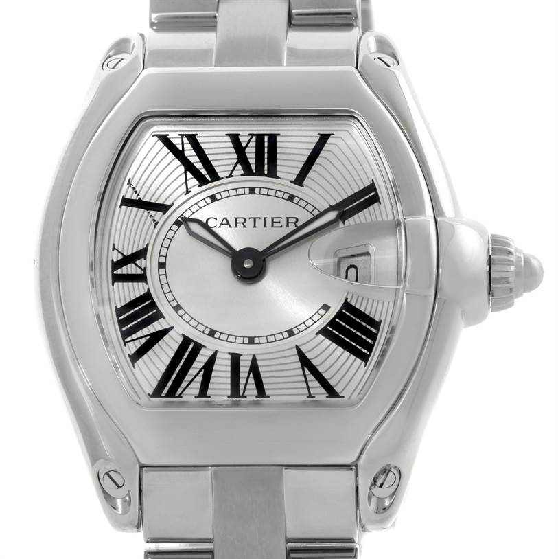 This image shows a front view of the Cartier Roadster W62016V3 Women's Stainless Steel Silver Dial W62016V3 Women's Stainless Steel Silver Dial watch, detailing the face, bezel, and bracelet.