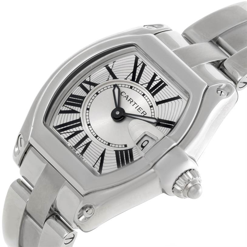 The image shows a close-up angle of the Cartier Roadster W62016V3 Women's Stainless Steel Silver Dial W62016V3 Women's Stainless Steel Silver Dial watch displaying its face, bezel, bracelet, and crown.