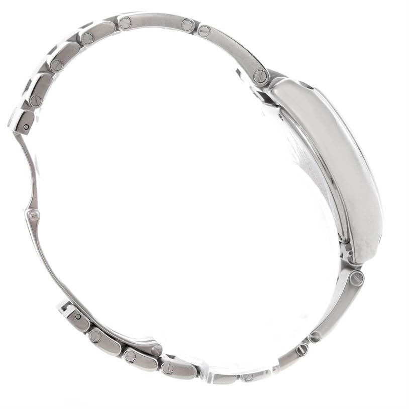 The Cartier Roadster W62016V3 Women's Stainless Steel Silver Dial W62016V3 Women's Stainless Steel Silver Dial watch is shown from a side angle, highlighting its case and stainless steel bracelet.