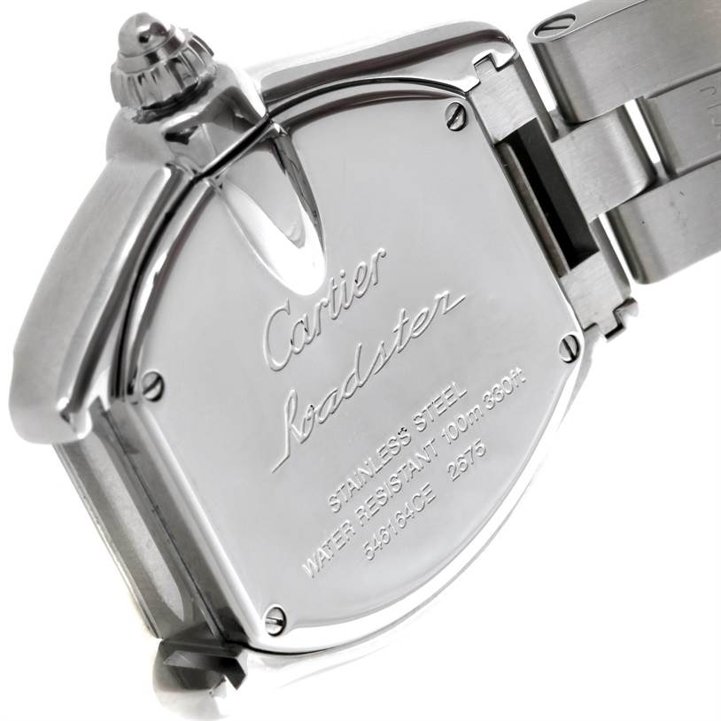 This image shows the back case and part of the bracelet of a Cartier Roadster W62016V3 Women's Stainless Steel Silver Dial W62016V3 Women's Stainless Steel Silver Dial watch.
