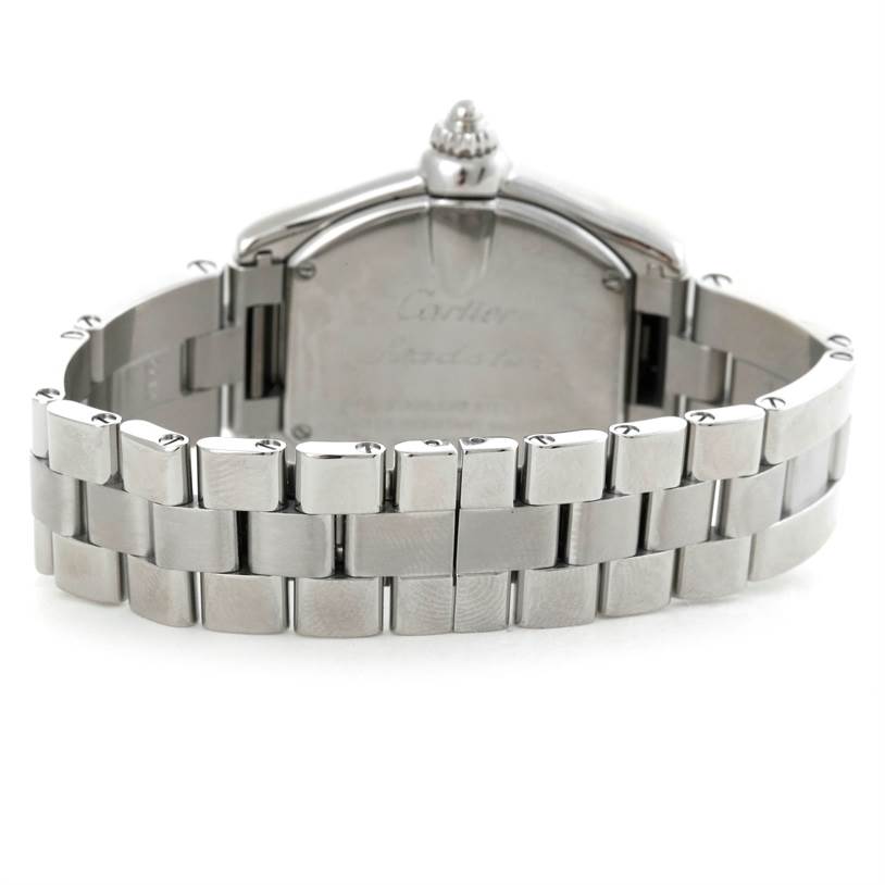 This image shows the back view of the Cartier Roadster W62016V3 Women's Stainless Steel Silver Dial W62016V3 Women's Stainless Steel Silver Dial watch, highlighting the bracelet and the case with the crown visible.