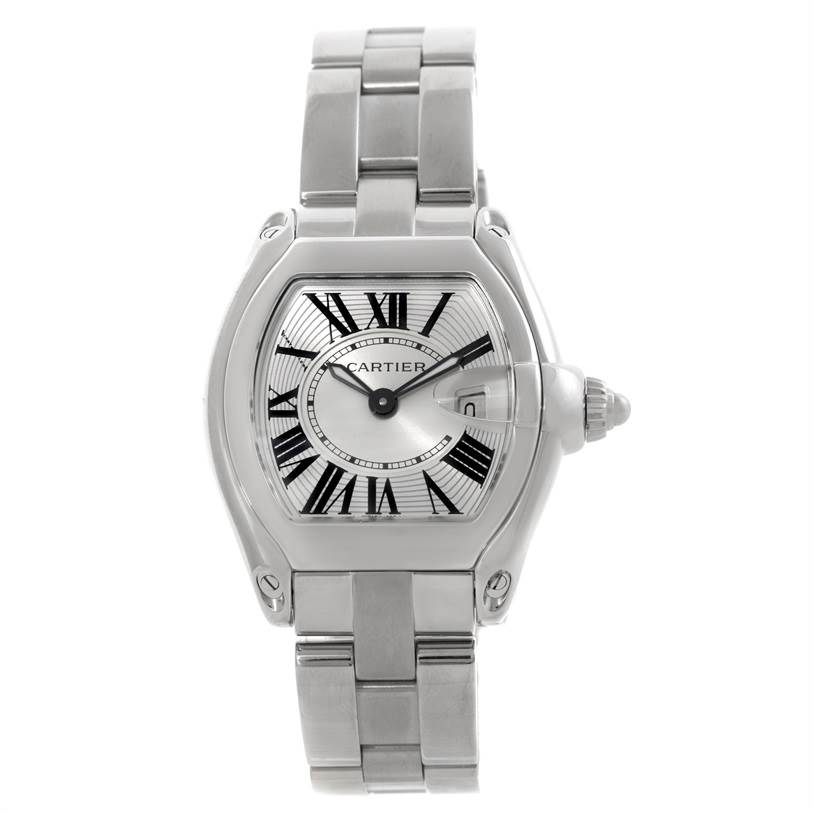 This image shows a front view of the Cartier Roadster W62016V3 Women's Stainless Steel Silver Dial W62016V3 Women's Stainless Steel Silver Dial model watch, displaying its face and bracelet.