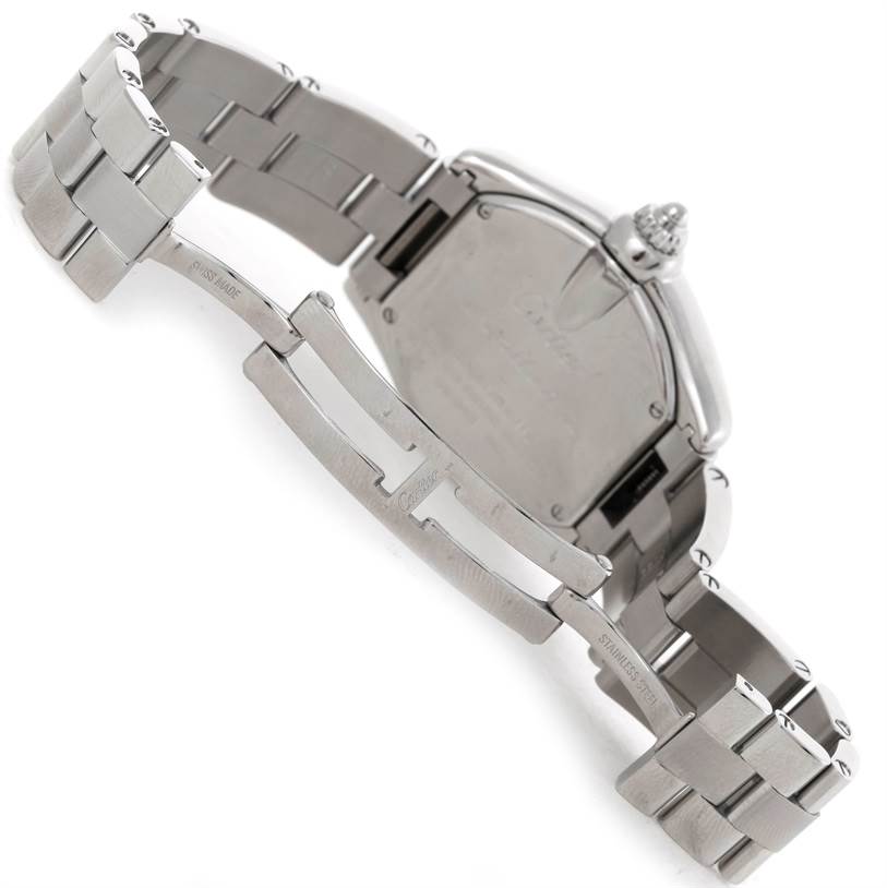 This image shows the back case and partially-opened clasp of a Cartier Roadster W62016V3 Women's Stainless Steel Silver Dial W62016V3 Women's Stainless Steel Silver Dial watch.
