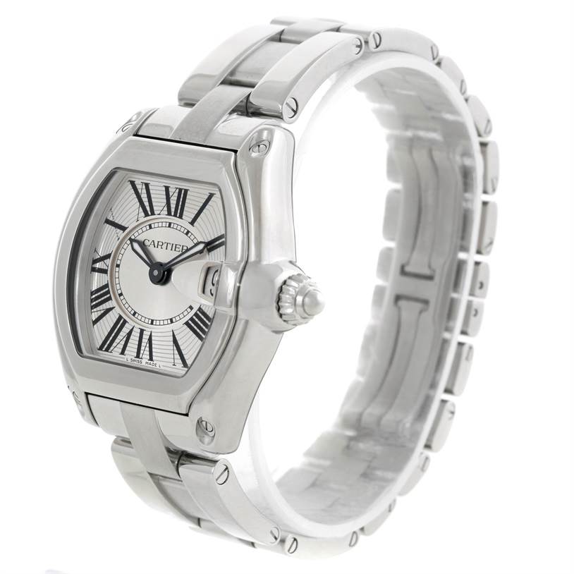 The image shows a side-angle view of the Cartier Roadster W62016V3 Women's Stainless Steel Silver Dial W62016V3 Women's Stainless Steel Silver Dial watch, highlighting its face, bezel, crown, and metal bracelet.