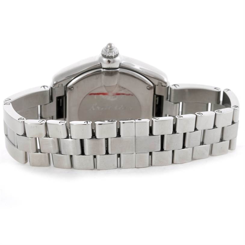 The image shows the back and bracelet of a Cartier Roadster W62016V3 Women's Stainless Steel Silver Dial W62016V3 Women's Stainless Steel Silver Dial watch, viewed from the rear.