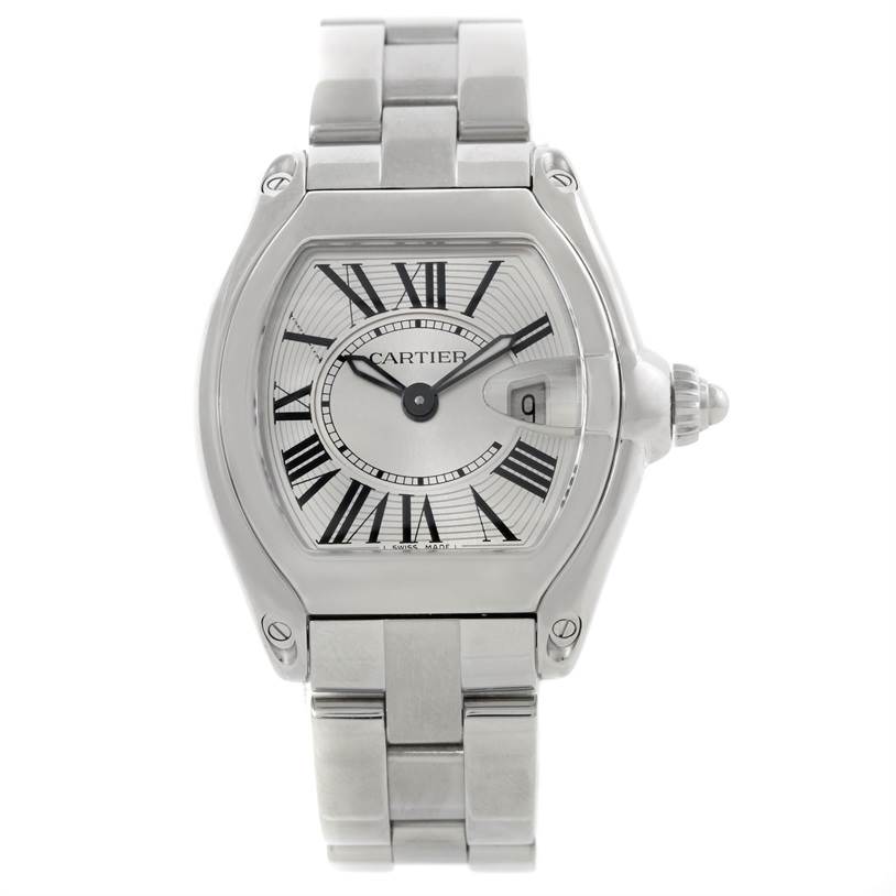 The image shows a frontal view of the Cartier Roadster W62016V3 Women's Stainless Steel Silver Dial W62016V3 Women's Stainless Steel Silver Dial watch, highlighting its dial, bracelet, and crown.