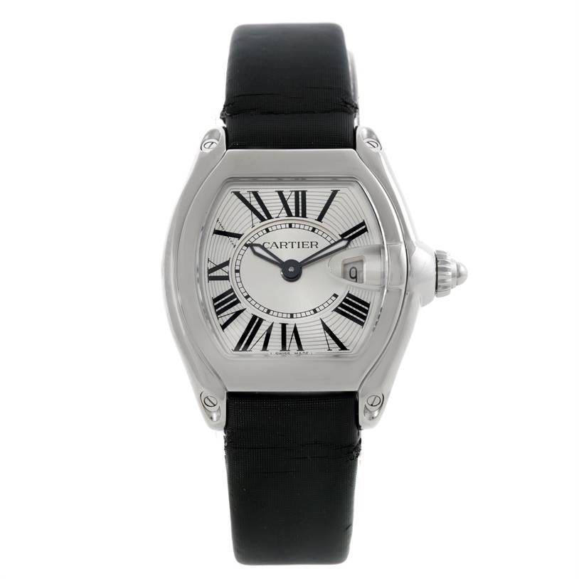 This image shows a front view of the Cartier Roadster W62016V3 Women's Stainless Steel Silver Dial W62016V3 Women's Stainless Steel Silver Dial watch, highlighting its dial, case, and strap.