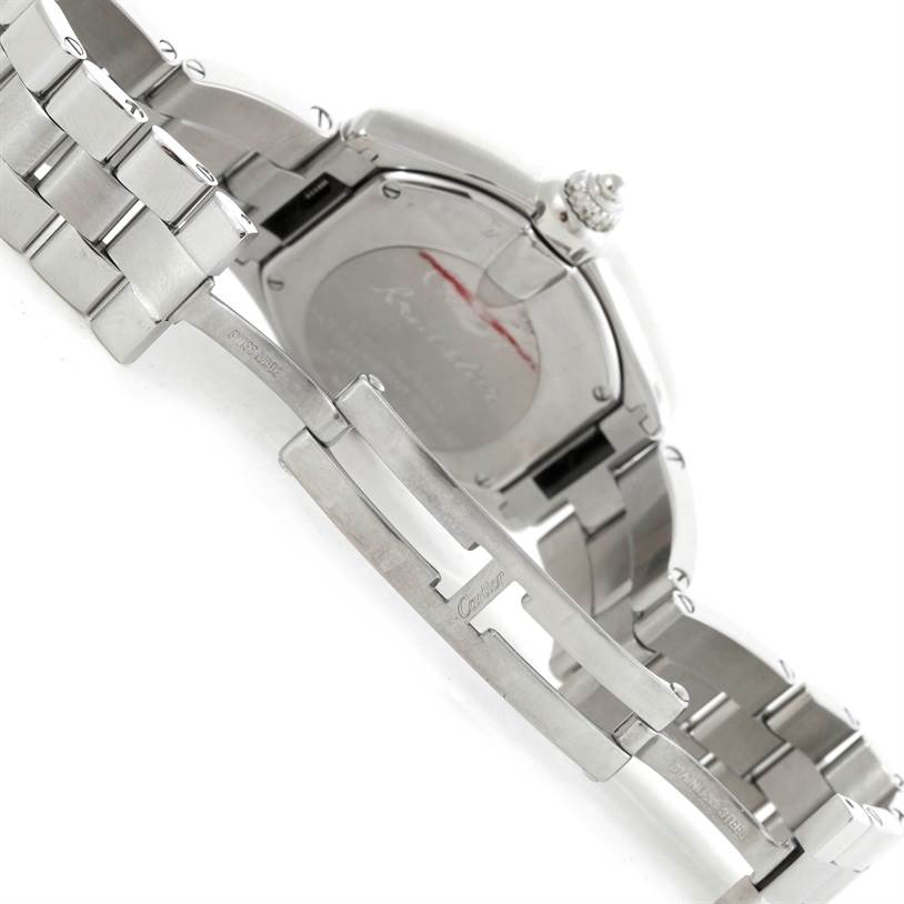 The image shows the backside and clasp of a Cartier Roadster W62016V3 Women's Stainless Steel Silver Dial W62016V3 Women's Stainless Steel Silver Dial watch, highlighting its stainless steel bracelet and closed deployment clasp.