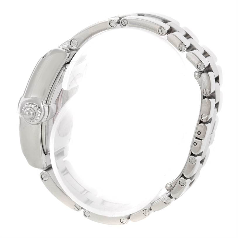 This side profile image of the Cartier Roadster W62016V3 Women's Stainless Steel Silver Dial W62016V3 Women's Stainless Steel Silver Dial watch shows the bracelet and crown.