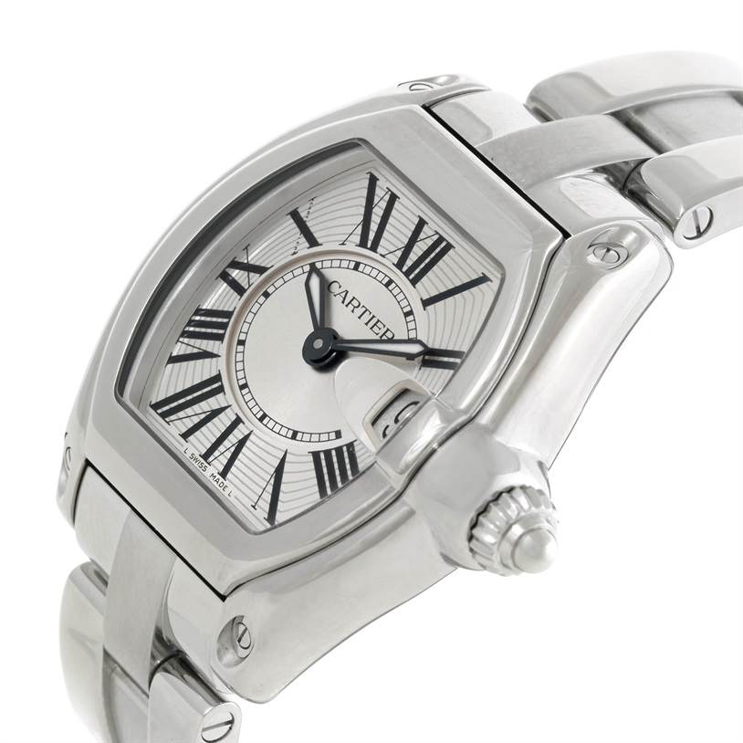 The Cartier Roadster W62016V3 Women's Stainless Steel Silver Dial W62016V3 Women's Stainless Steel Silver Dial watch is shown at an angled view, highlighting the dial, crown, and part of the bracelet.