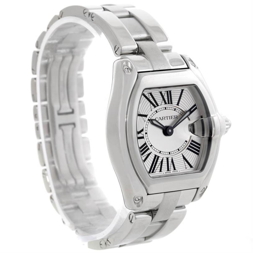 The image shows a Cartier Roadster W62016V3 Women's Stainless Steel Silver Dial W62016V3 Women's Stainless Steel Silver Dial watch at a front angle, highlighting its dial, case, bracelet, and crown.