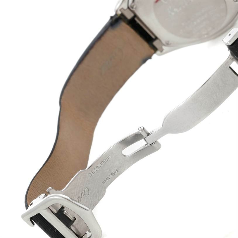 The image shows the clasp mechanism and part of the leather strap of the Cartier Roadster W62016V3 Women's Stainless Steel Silver Dial W62016V3 Women's Stainless Steel Silver Dial watch, viewed from the back.