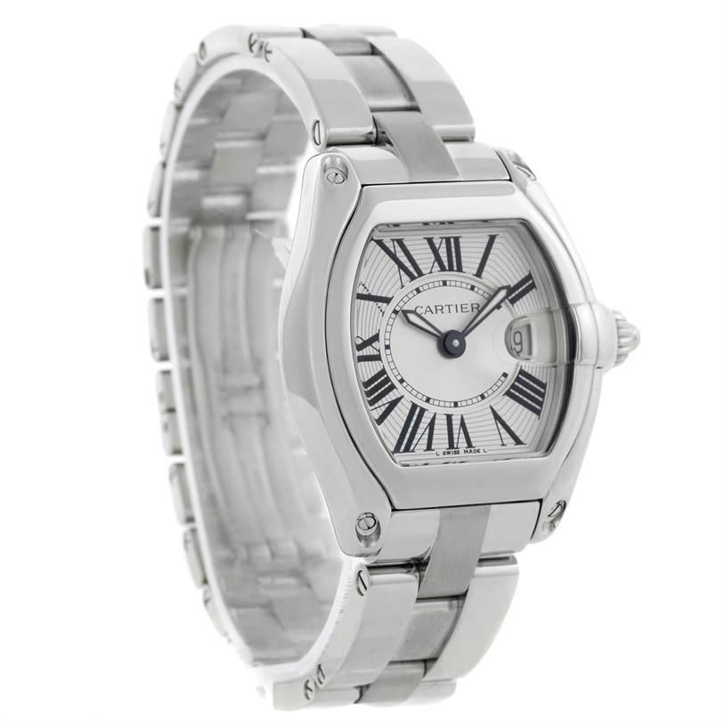 The image shows a side-angle view of the Cartier Roadster W62016V3 Women's Stainless Steel Silver Dial W62016V3 Women's Stainless Steel Silver Dial watch, highlighting the face, strap, and clasp.
