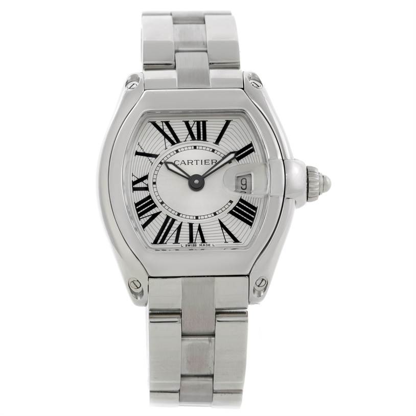 The image shows a Cartier Roadster W62016V3 Women's Stainless Steel Silver Dial W62016V3 Women's Stainless Steel Silver Dial watch from a front angle, highlighting its bracelet, dial, and date window.