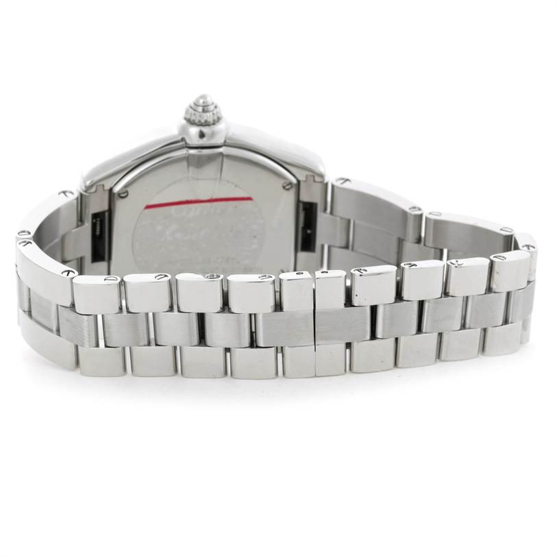 The image shows the back of a Cartier Roadster W62016V3 Women's Stainless Steel Silver Dial W62016V3 Women's Stainless Steel Silver Dial watch, highlighting its stainless steel bracelet and case back.
