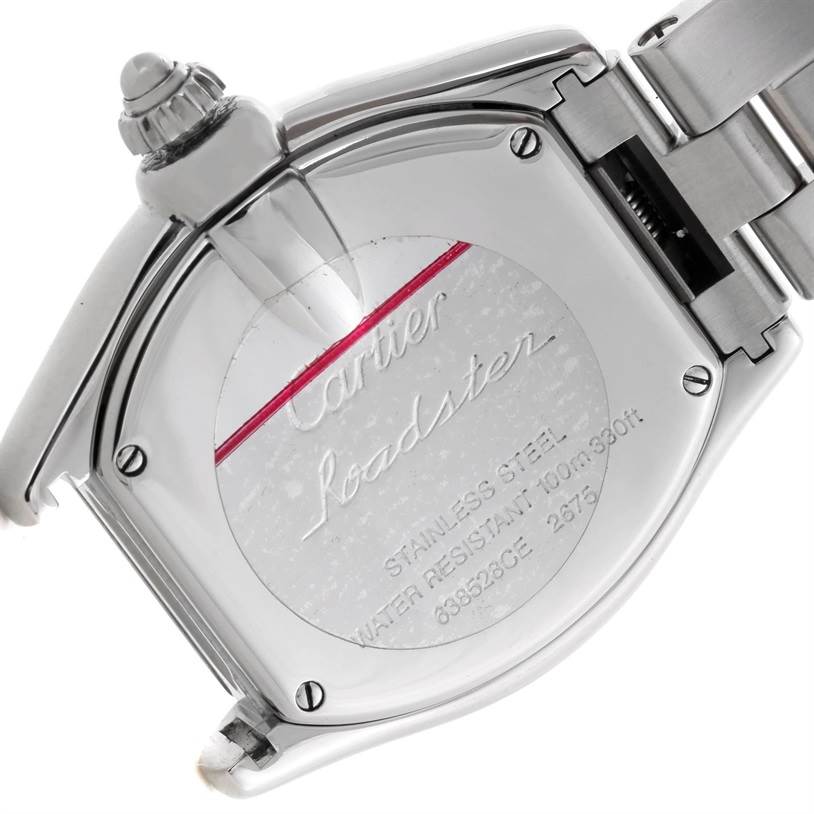 The image shows the back of the Cartier Roadster W62016V3 Women's Stainless Steel Silver Dial W62016V3 Women's Stainless Steel Silver Dial watch, highlighting its case back and part of the bracelet.