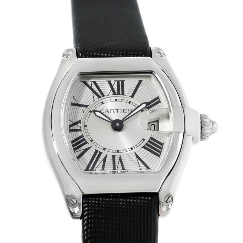 This image shows a front view of a Cartier Roadster W62016V3 Women's Stainless Steel Silver Dial W62016V3 Women's Stainless Steel Silver Dial watch, featuring its face, case, crown, and part of the strap.