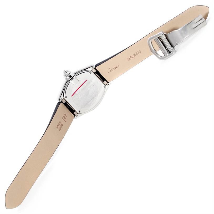 This image shows the back view of the Cartier Roadster W62016V3 Women's Stainless Steel Silver Dial W62016V3 Women's Stainless Steel Silver Dial watch with its strap open and visible.