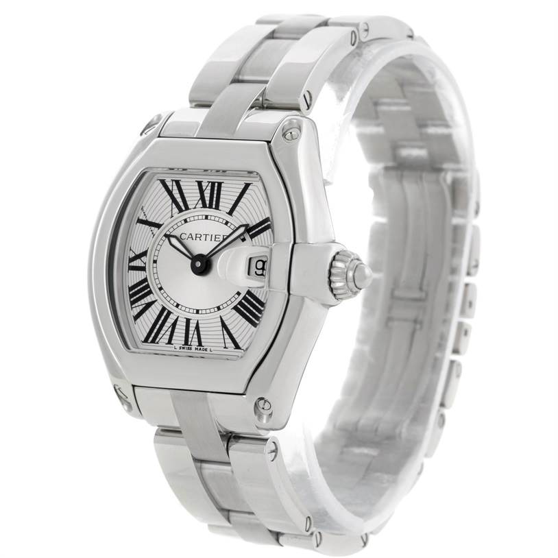 The Cartier Roadster W62016V3 Women's Stainless Steel Silver Dial W62016V3 Women's Stainless Steel Silver Dial watch is shown from a front-side angle displaying its face, dial, crown, and metal bracelet.
