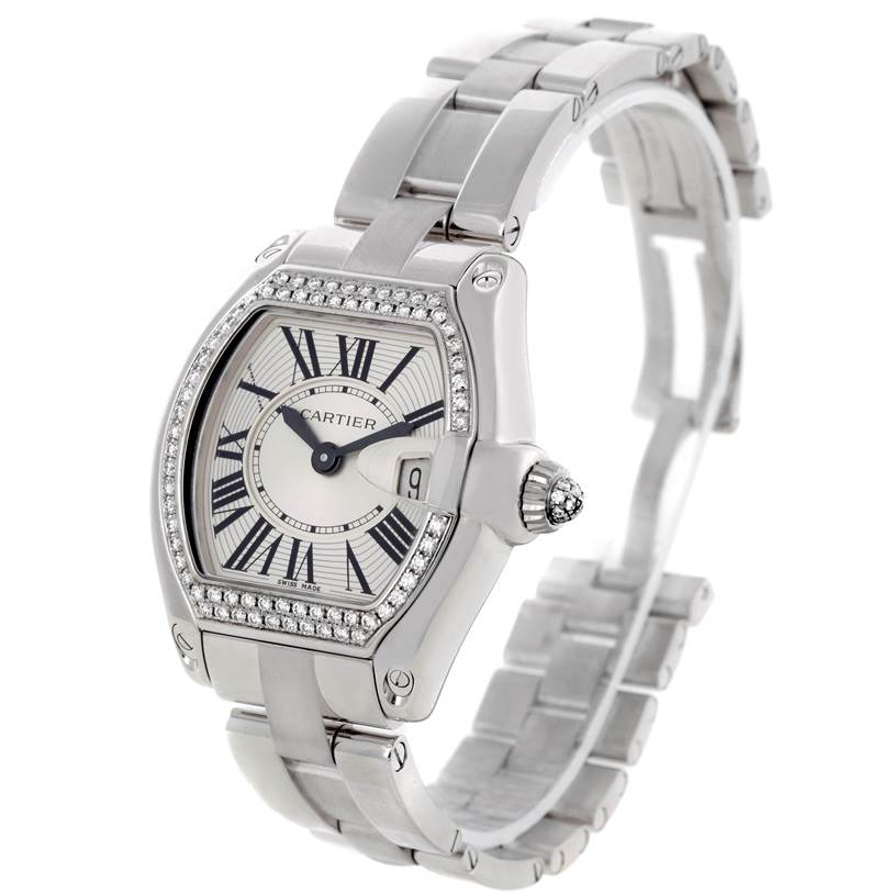This image shows a Cartier Roadster WE5002X2 Women's White Gold Silver Dial WE5002X2 Women's White Gold Silver Dial watch from a three-quarter angle, highlighting its face, bezel, crown, and bracelet.