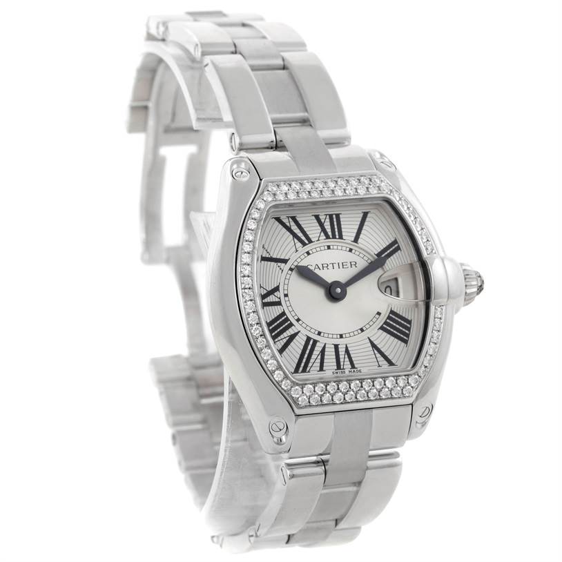 The Cartier Roadster WE5002X2 Women's White Gold Silver Dial WE5002X2 Women's White Gold Silver Dial watch is shown at a three-quarter angle, highlighting the face, bezel, and bracelet.