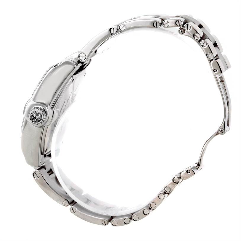 This image shows a side profile view of the Cartier Roadster WE5002X2 Women's White Gold Silver Dial WE5002X2 Women's White Gold Silver Dial model watch, highlighting its bracelet and crown.