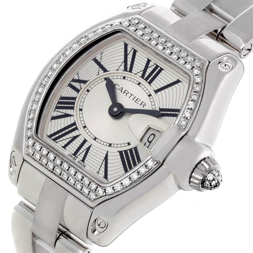 This image shows a close-up angle of the Cartier Roadster WE5002X2 Women's White Gold Silver Dial WE5002X2 Women's White Gold Silver Dial model's face, bezel, and part of the bracelet.