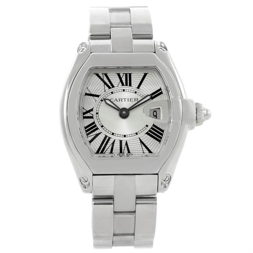 The image shows a top-down view of a Cartier Roadster W62016V3 Women's Stainless Steel Silver Dial W62016V3 Women's Stainless Steel Silver Dial watch, displaying its face, bracelet, and crown.