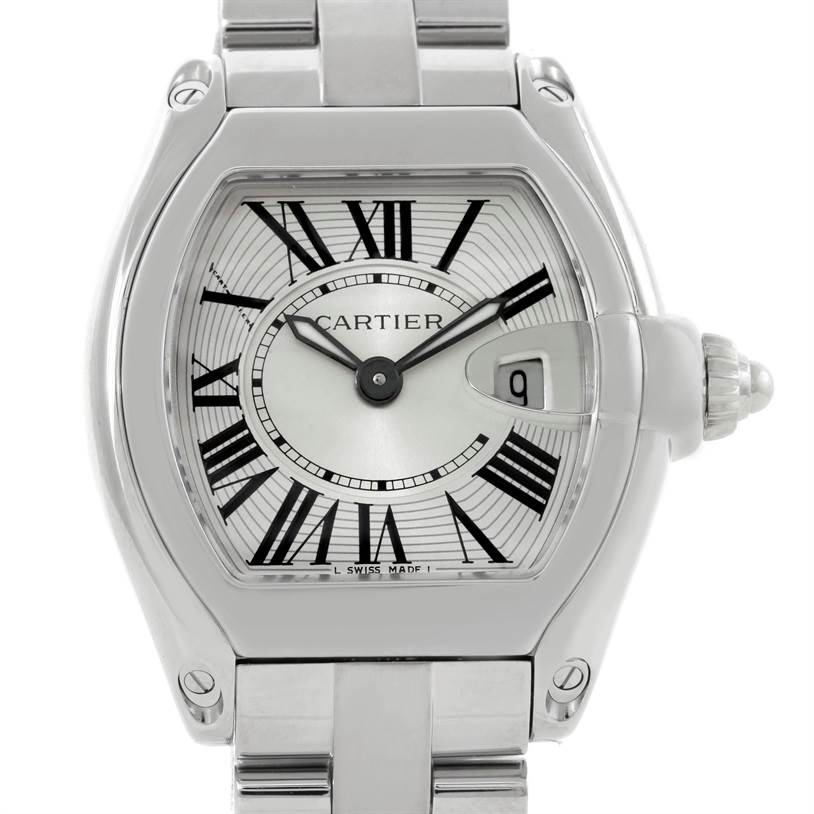 This image shows a front view of the Cartier Roadster W62016V3 Women's Stainless Steel Silver Dial W62016V3 Women's Stainless Steel Silver Dial watch, displaying the dial, Roman numerals, hands, date window, and part of the bracelet.