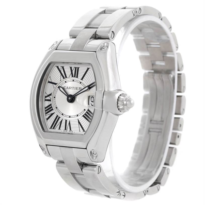 This image shows a side angle of the Cartier Roadster W62016V3 Women's Stainless Steel Silver Dial W62016V3 Women's Stainless Steel Silver Dial watch, highlighting the face, bezel, crown, and bracelet.