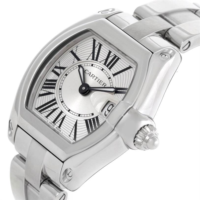 The image shows a close-up angled view of a Cartier Roadster W62016V3 Women's Stainless Steel Silver Dial W62016V3 Women's Stainless Steel Silver Dial watch, highlighting the dial, case, and part of the bracelet.
