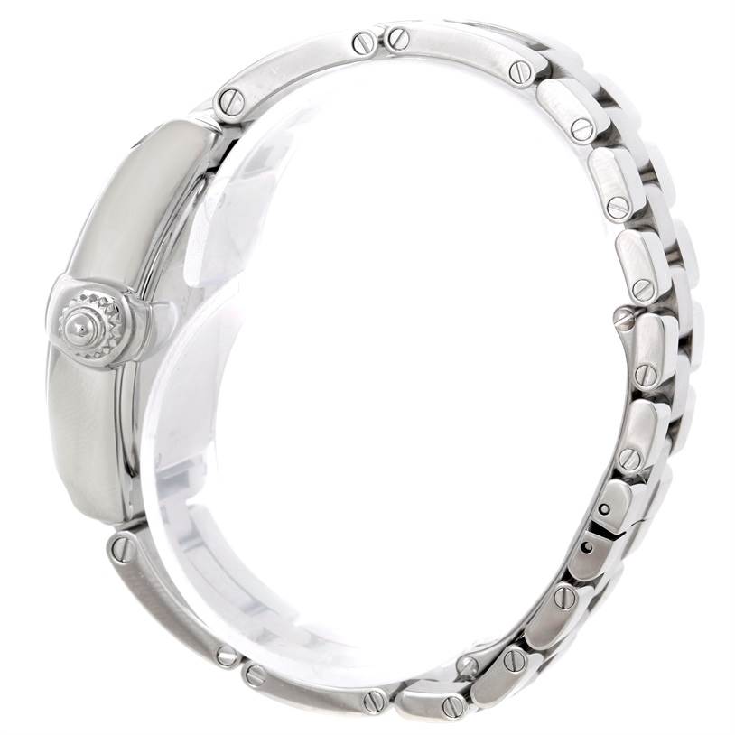 Side view of the Cartier Roadster W62016V3 Women's Stainless Steel Silver Dial W62016V3 Women's Stainless Steel Silver Dial watch showing the crown and stainless steel bracelet.
