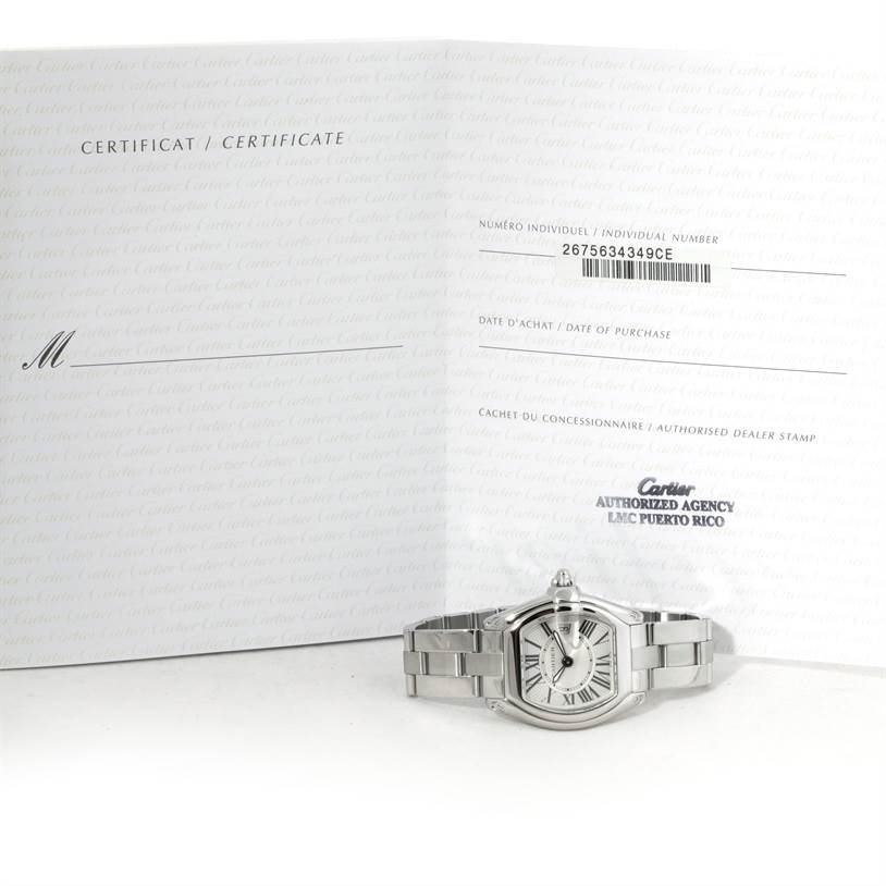 This image shows the Cartier Roadster W62016V3 Women's Stainless Steel Silver Dial W62016V3 Women's Stainless Steel Silver Dial watch with its certificate, displaying its front and bracelet.