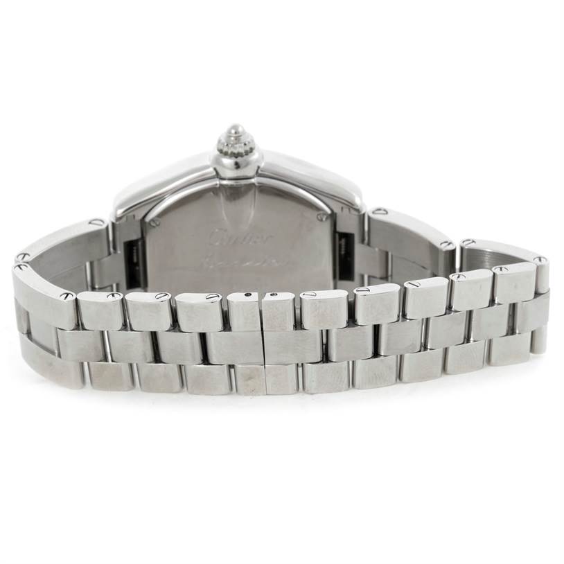 This image shows the back case and bracelet of the Cartier Roadster W62016V3 Women's Stainless Steel Silver Dial W62016V3 Women's Stainless Steel Silver Dial watch from a rear angle.