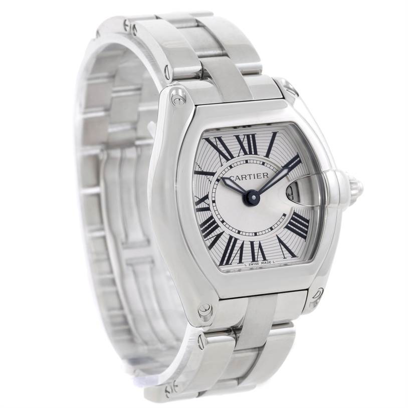 The Cartier Roadster W62016V3 Women's Stainless Steel Silver Dial W62016V3 Women's Stainless Steel Silver Dial watch is shown at a three-quarter angle, highlighting the bracelet, case, dial, and crown.