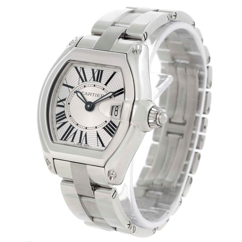 The Cartier Roadster W62016V3 Women's Stainless Steel Silver Dial W62016V3 Women's Stainless Steel Silver Dial watch is shown at a three-quarter angle, displaying the face, case, crown, and part of the bracelet.