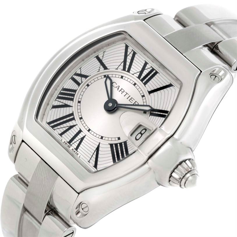 The Cartier Roadster W62016V3 Women's Stainless Steel Silver Dial W62016V3 Women's Stainless Steel Silver Dial model watch is shown at an angled close-up, highlighting the dial, case, crown, and part of the bracelet.