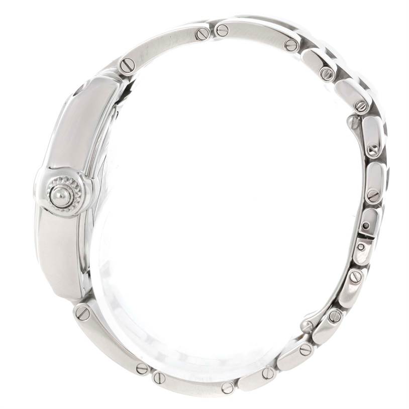 This Cartier Roadster W62016V3 Women's Stainless Steel Silver Dial W62016V3 Women's Stainless Steel Silver Dial watch is shown from the side, highlighting the crown and metal bracelet links.