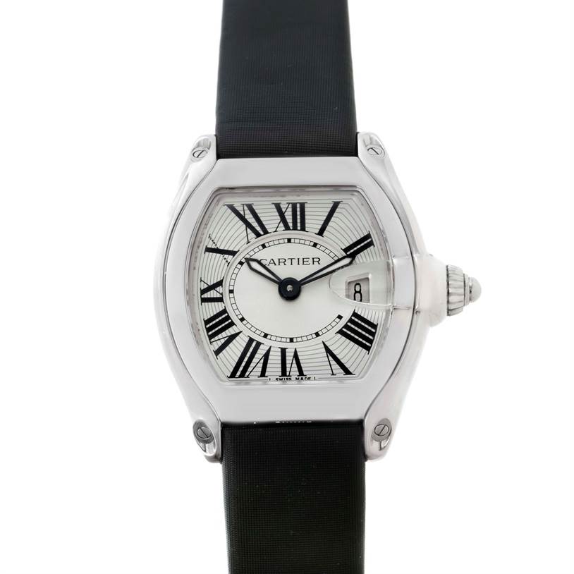 The image shows a front view of a Cartier Roadster W62016V3 Women's Stainless Steel Silver Dial W62016V3 Women's Stainless Steel Silver Dial watch, displaying the dial, bezel, crown, and strap.