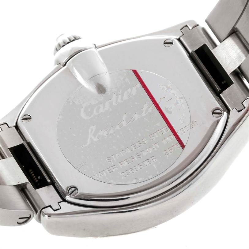 This image shows the back case and part of the bracelet of a Cartier Roadster W62016V3 Women's Stainless Steel Silver Dial W62016V3 Women's Stainless Steel Silver Dial watch.