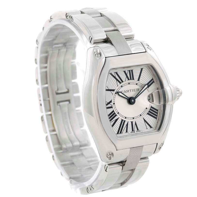 This image shows a Cartier Roadster W62016V3 Women's Stainless Steel Silver Dial W62016V3 Women's Stainless Steel Silver Dial watch at a three-quarter angle, featuring the face, bezel, case, bracelet, and crown.
